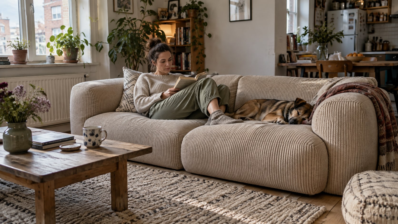 Erwachsene Person liest auf einem hellen Sofa im Wohnzimmer