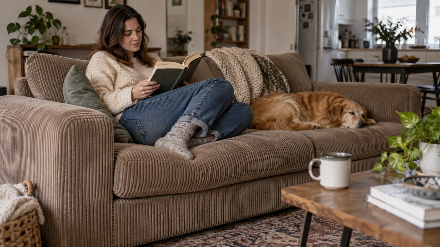 Frau liest auf einem beigefarbenen Cordsofa neben einem schlafenden Hund